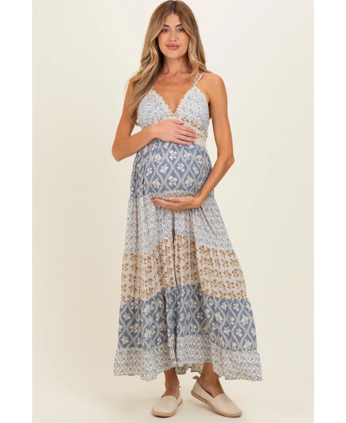 Vintage Blue Mixed Floral Lace Trim Maxi Dress by PinkBlush