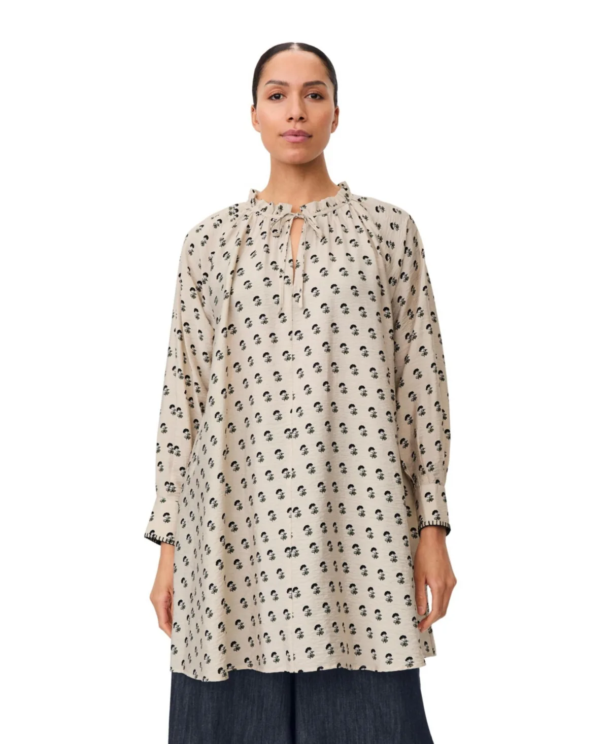 Gathered Tie-Neck Tunic Floral-Print Long-Sleeve Mini Dress by Masai Copenhagen