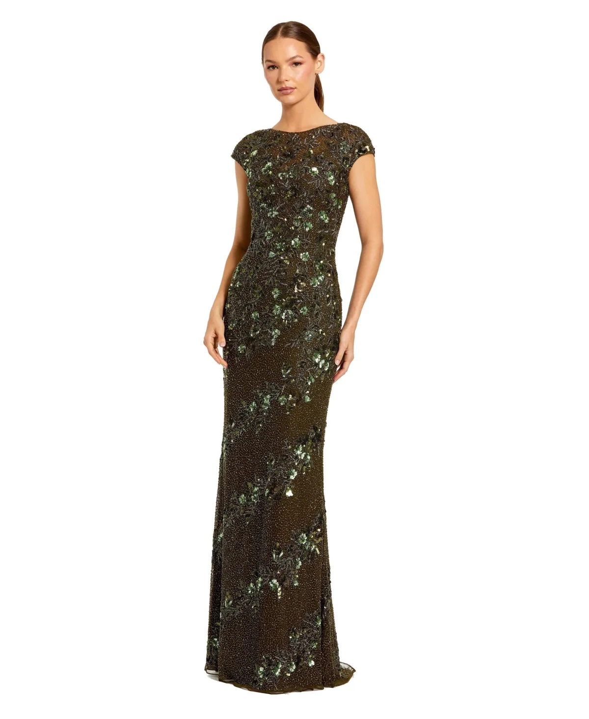 Floral Embellished Cap Sleeve Sheath Gown by M.A.C.