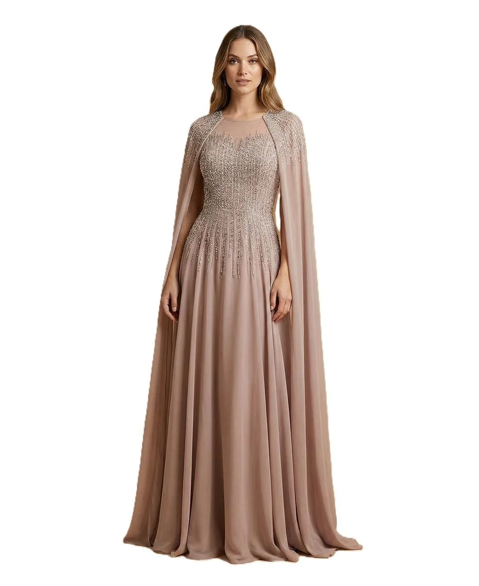 Chiffon A-Line Long Gown with Long Cape Sleeves