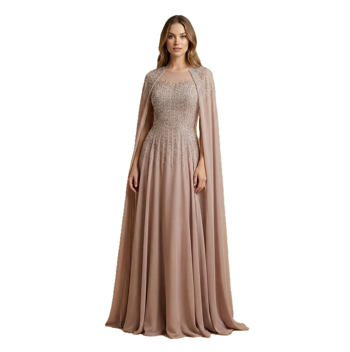 Chiffon A-Line Long Gown with Long Cape Sleeves by Lara
