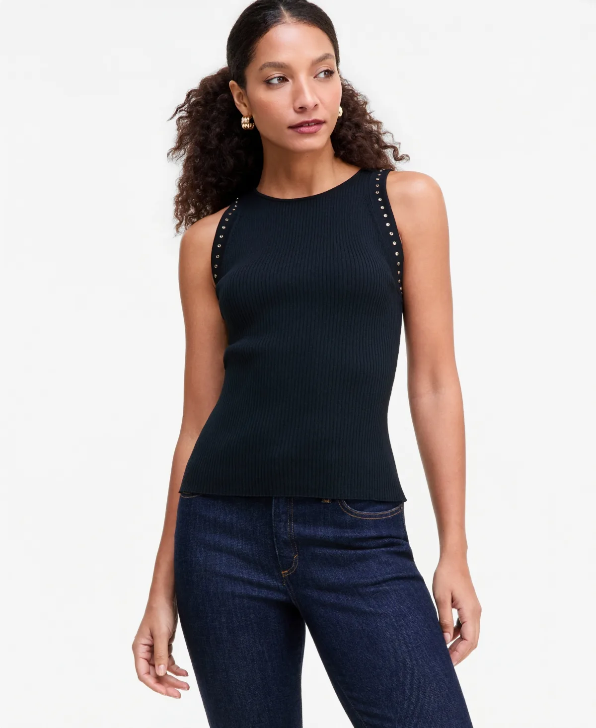 Studded Ribbed-Knit Boat-Neck Tank