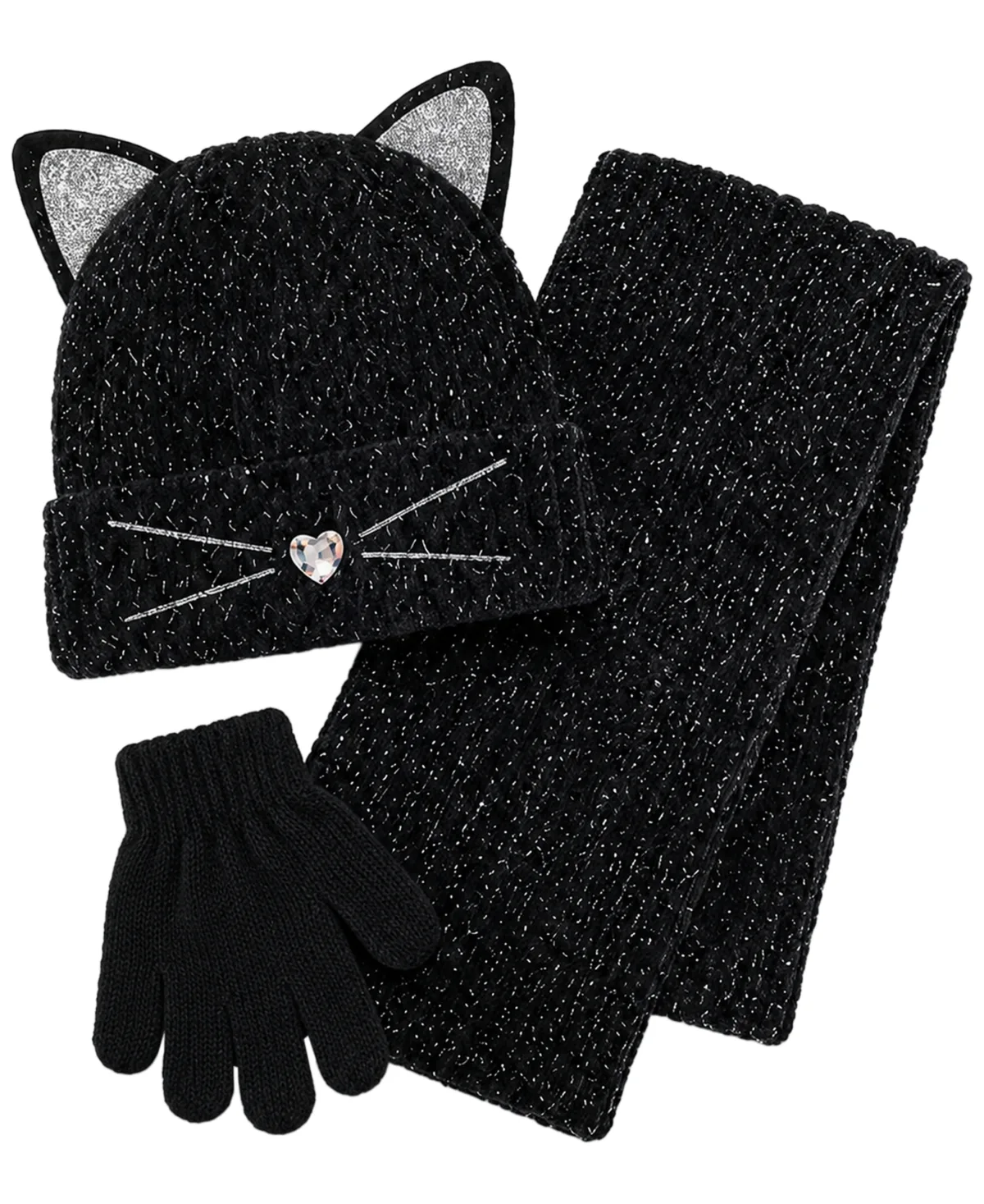 Sugar Cat Ribbed-Cuff Hat, Scarf, and Gloves, 3-Piece Set by Rainbow
