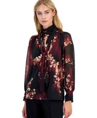 Long Sleeve Floral Bow Blouse by Anne Klein