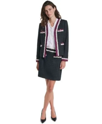 Tweed Cropped Fringe Trim Jacket Sleeveless V Neck Dotted Blouse Tweed Mini Pencil Skirt by Karl Lagerfeld