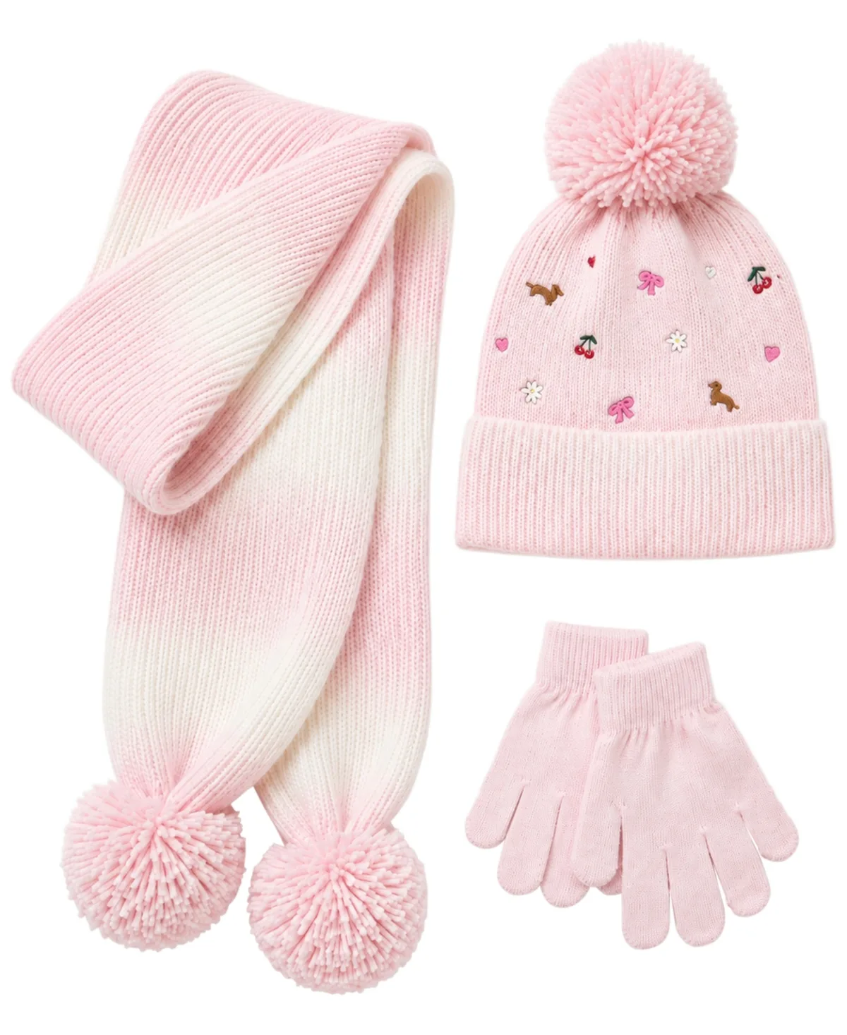 Ombre Pom-Pom Ribbed Knit Hat, Scarf and Gloves, 3-Piece Set by Rainbow