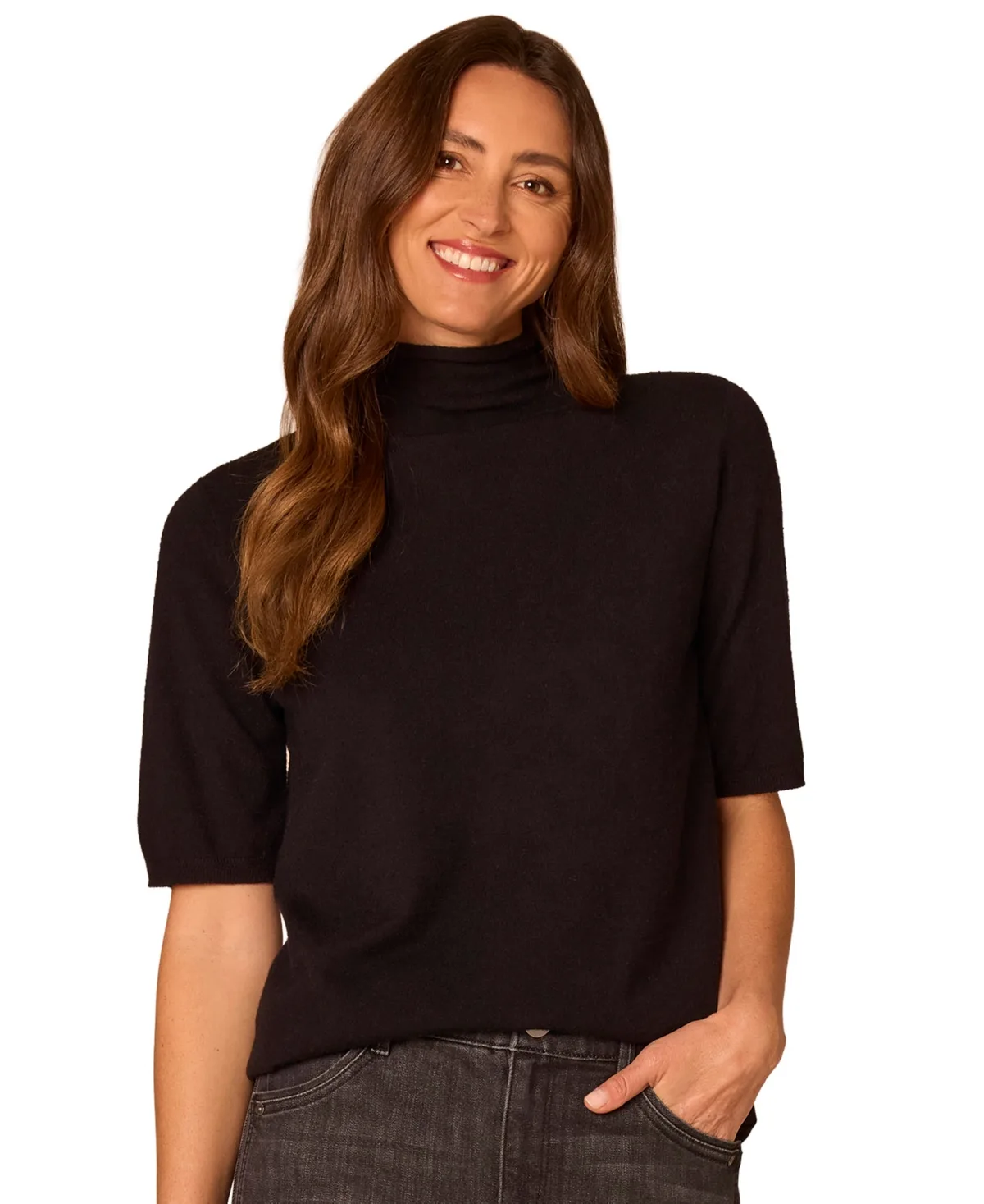 Draped Mock-Neck Short-Sleeve Sweater