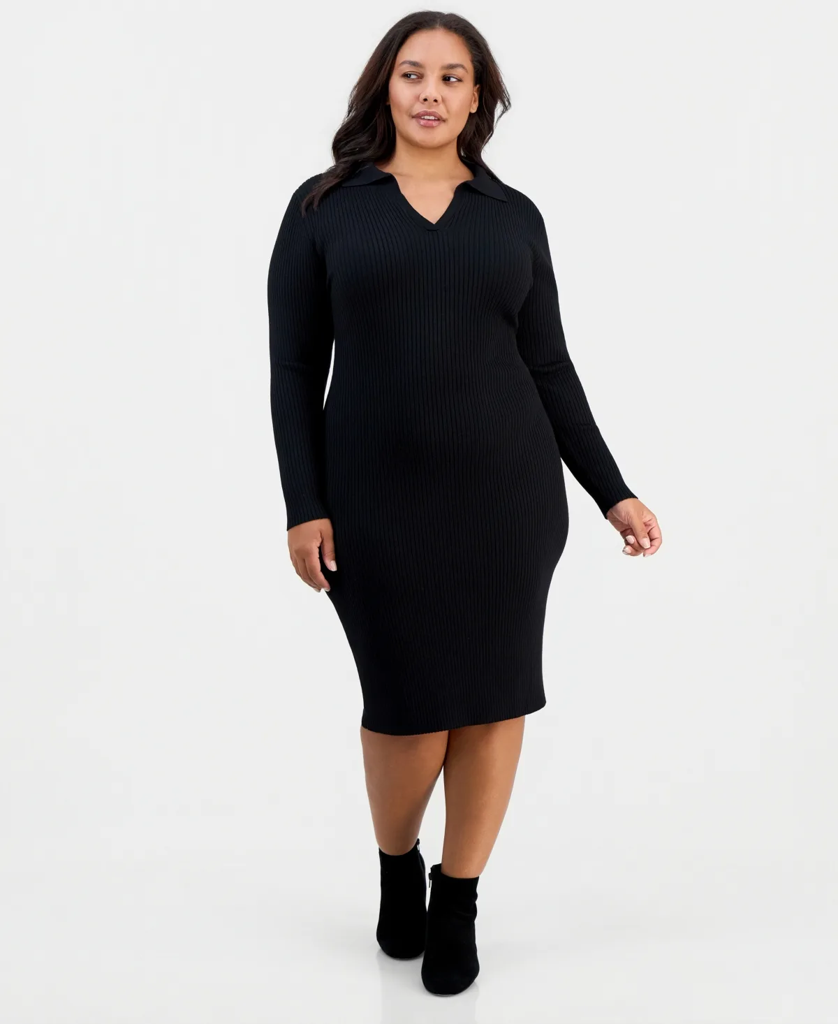 Long-Sleeve Bodycon Polo Collar V-Neck Rayon-Polyester Blend Midi Dress