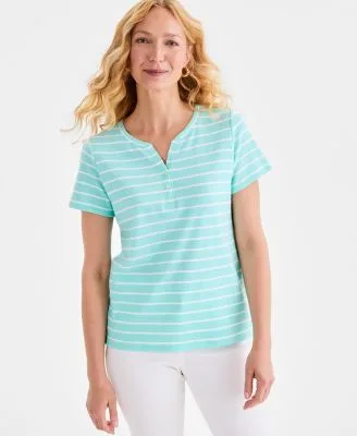 Printed Short Sleeve Henley Top by Style & Co