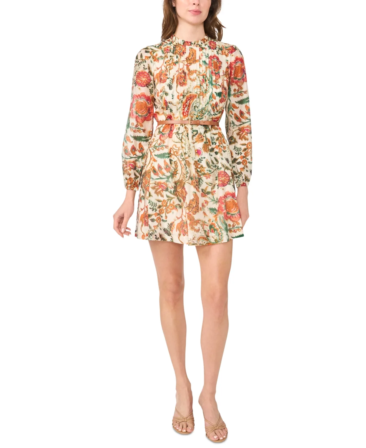 Pleated Floral Long-Sleeve Mini Dress by Msk