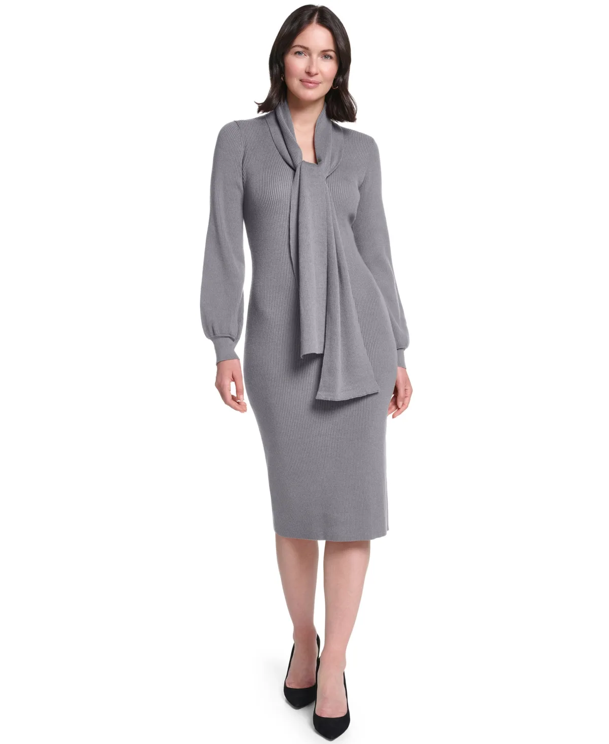 Long-Sleeve Midi Attached Scarf Sweater Dress by Jessica Howard