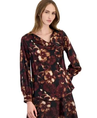 Floral Print Long Sleeve Drape Neck Blouse by Anne Klein