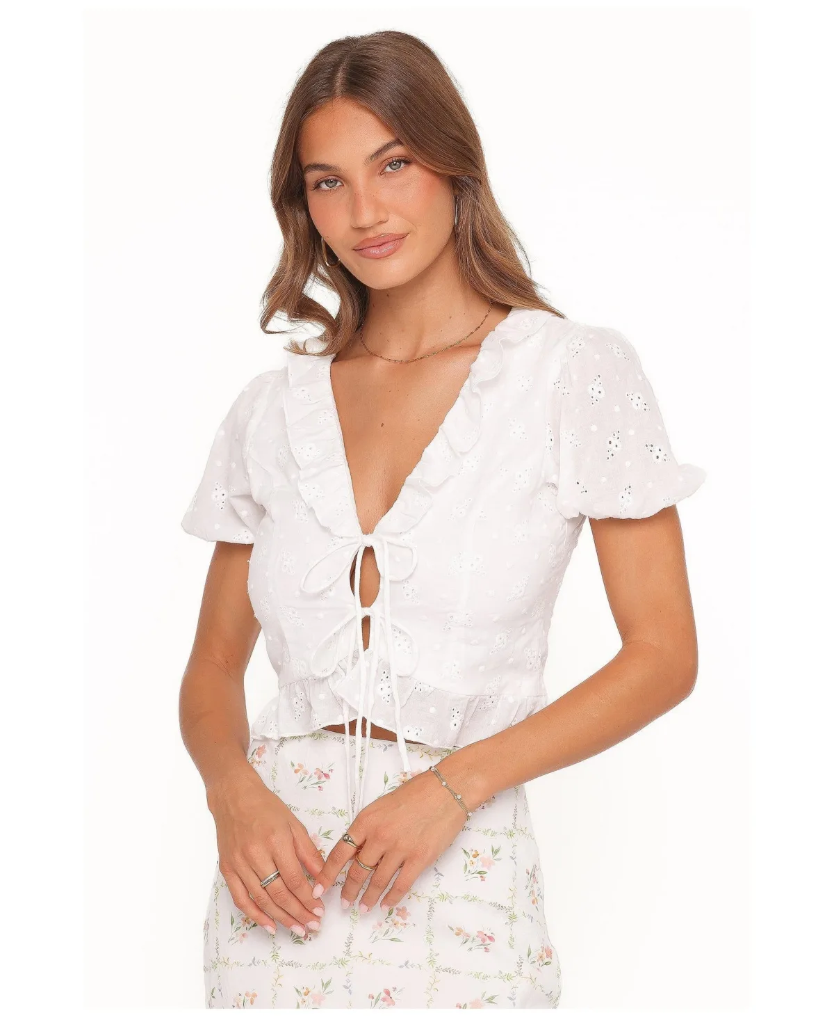 Andra V-Neck Front-Tie Eyelet Top by Petal and Pup