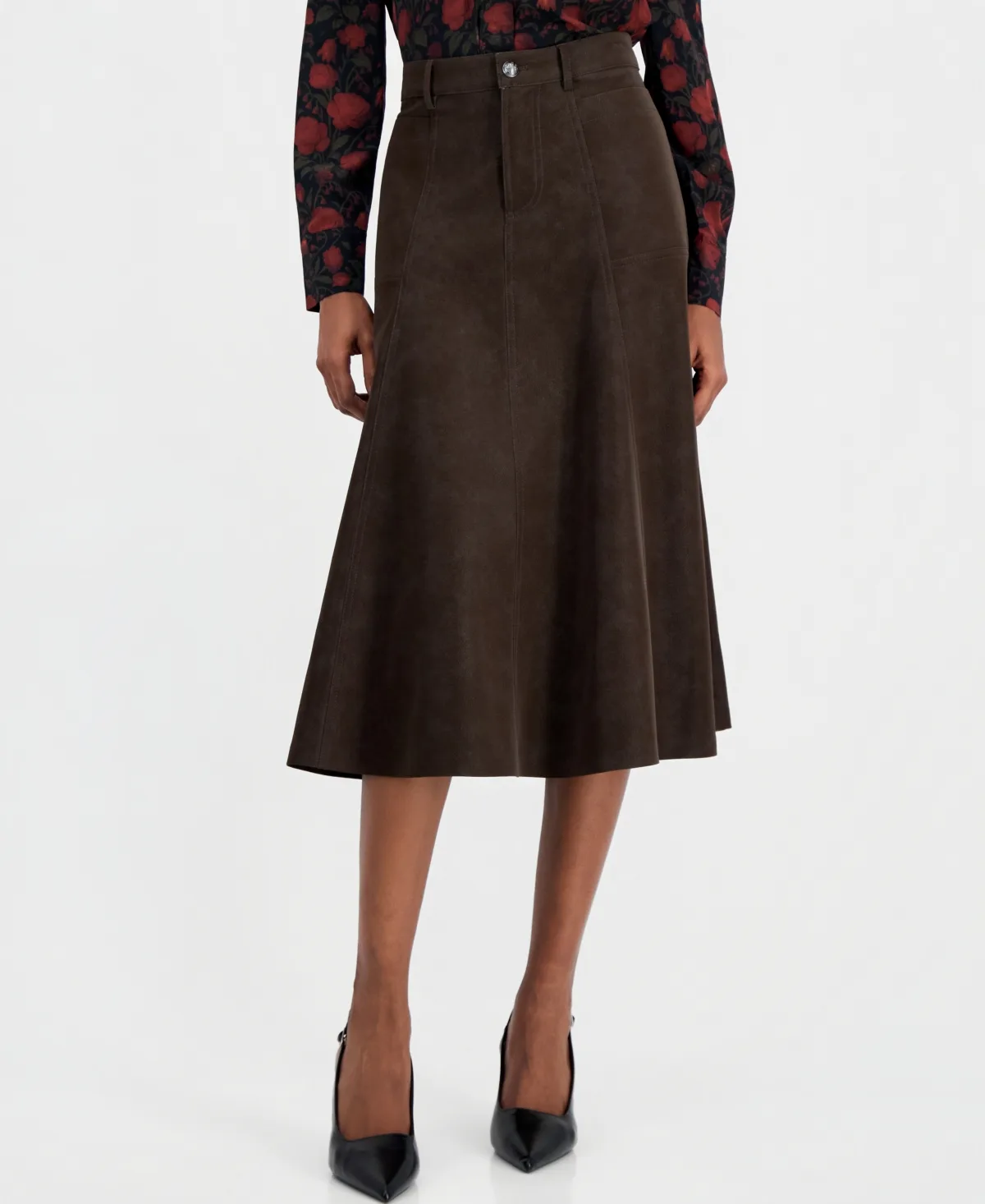Lucie A-Line Midi High-Waisted Faux Leather Skirt
