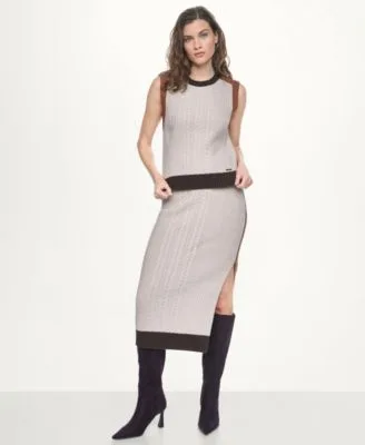 Jeans Color Block Cable Knit Crewneck Sweater Midi Pencil Skirt by DKNY