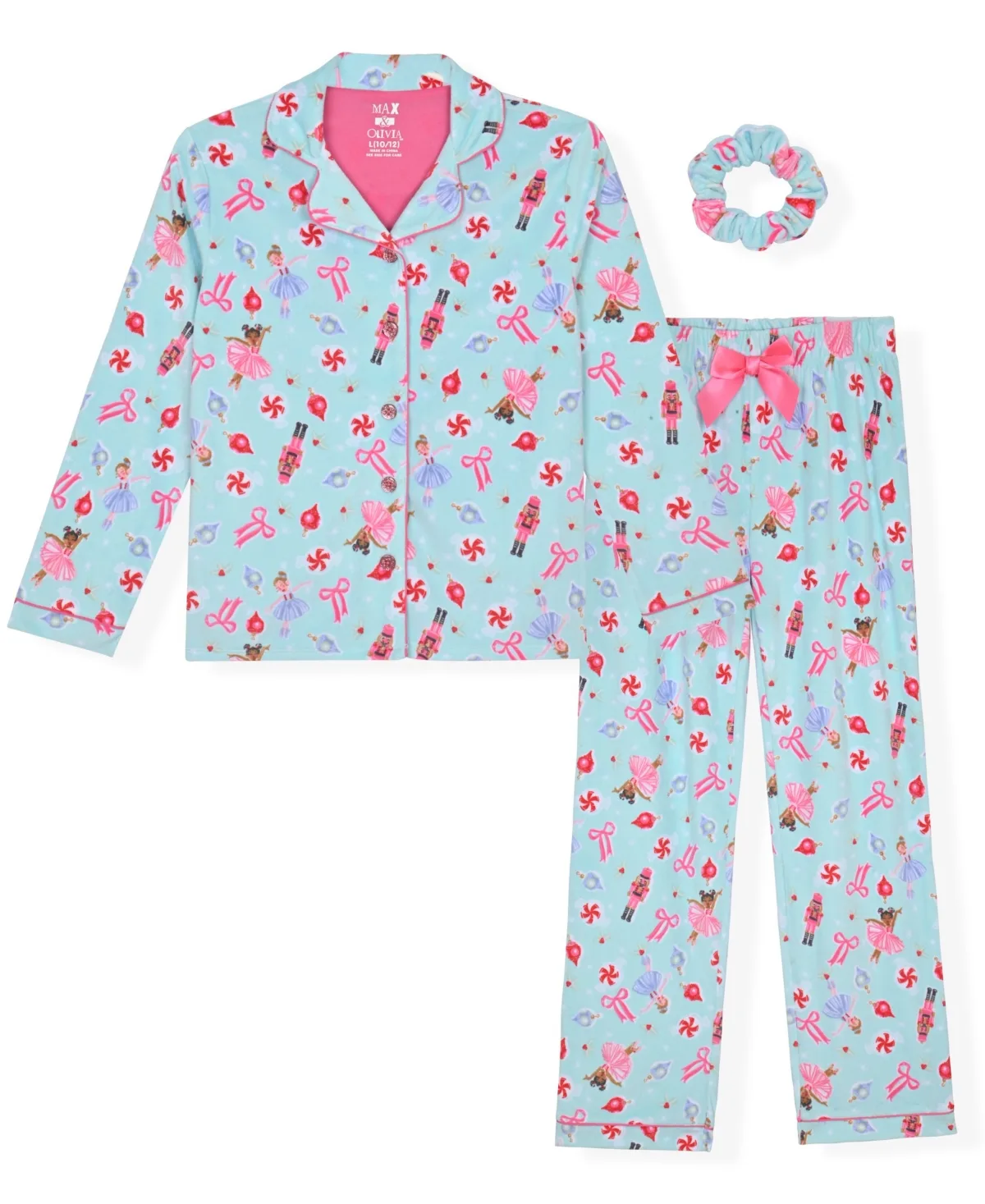 Button-Down Velour-Print Long-Sleeve Pajama and Scrunchie, 3-Piece Set by Max & Olivia