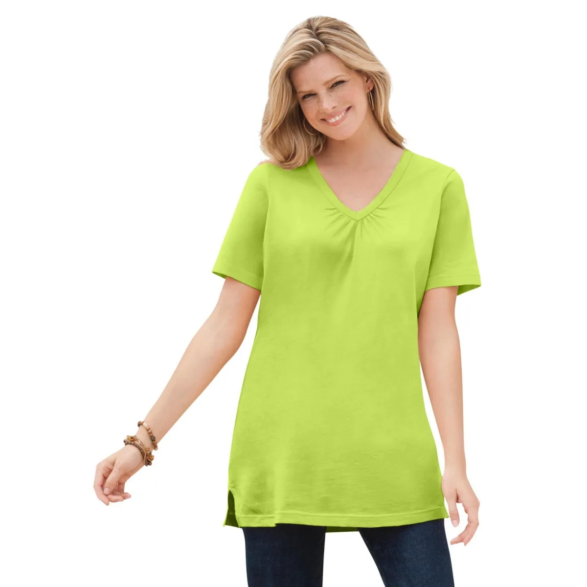 Perfect Short-Sleeve Shirred V-Neck Tunic by Woman Within