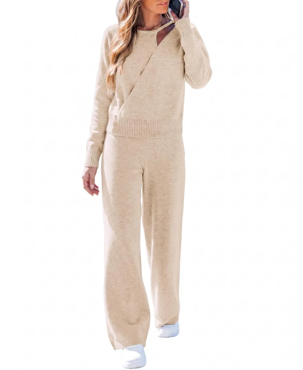 Crew Neck Long-Sleeve Wide-Leg Top and Pants, 2-Piece Set by Cupshe