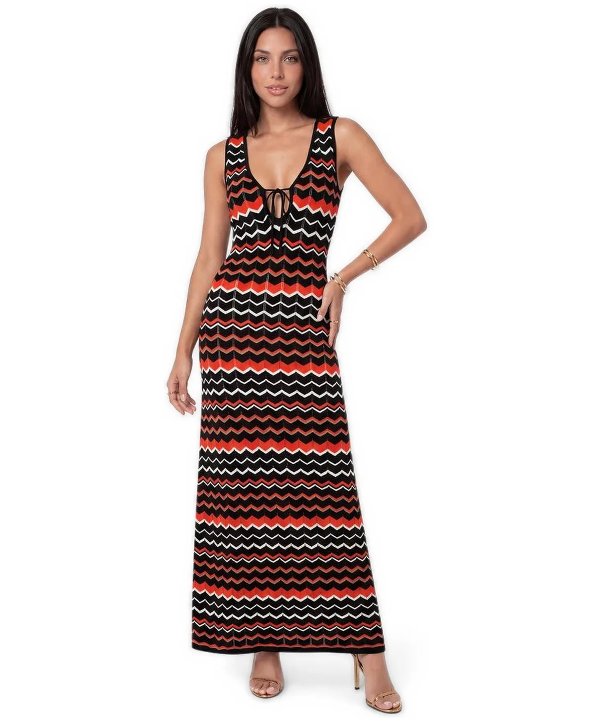 Stripe Crochet V-Neck Maxi Dress by bebe