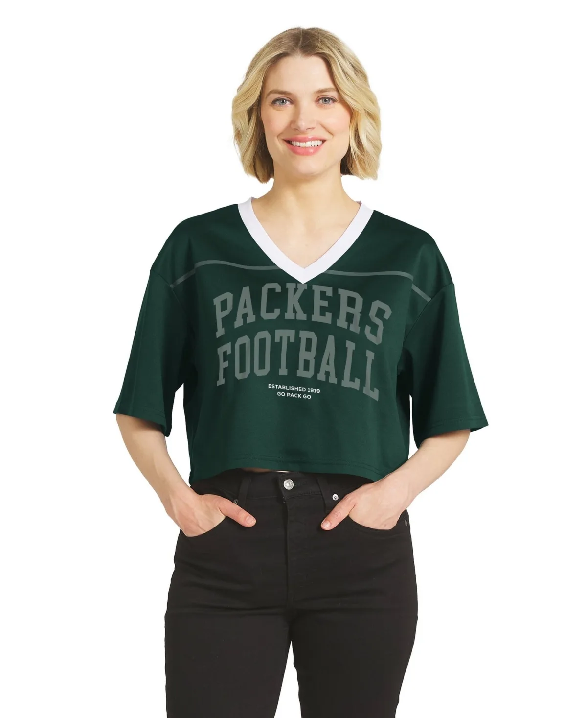 Bay Packers Cropped V-Neck Jersey T-Shirt by Wear by Erin Andrews