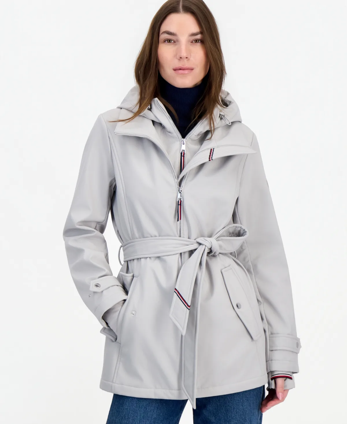 Hooded Belted Softshell Coat, Created for Macys - Stone by Tommy Hilfiger