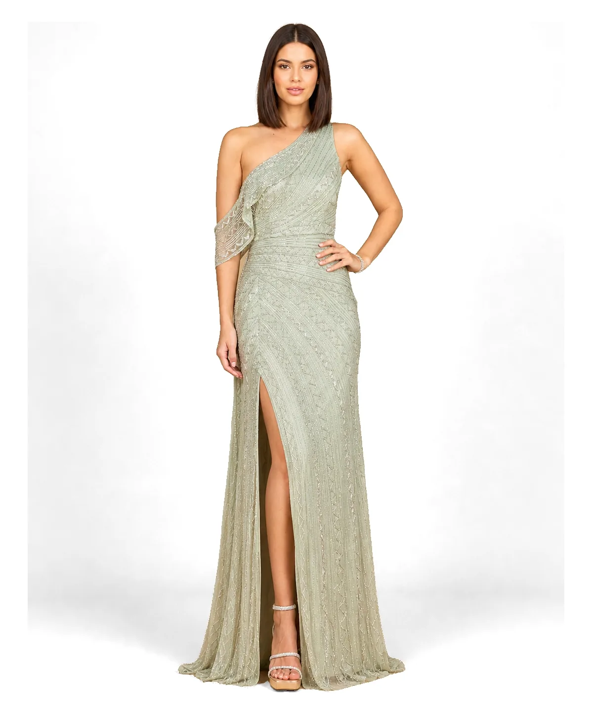 Lara Beaded One Shoulder Dress with Train