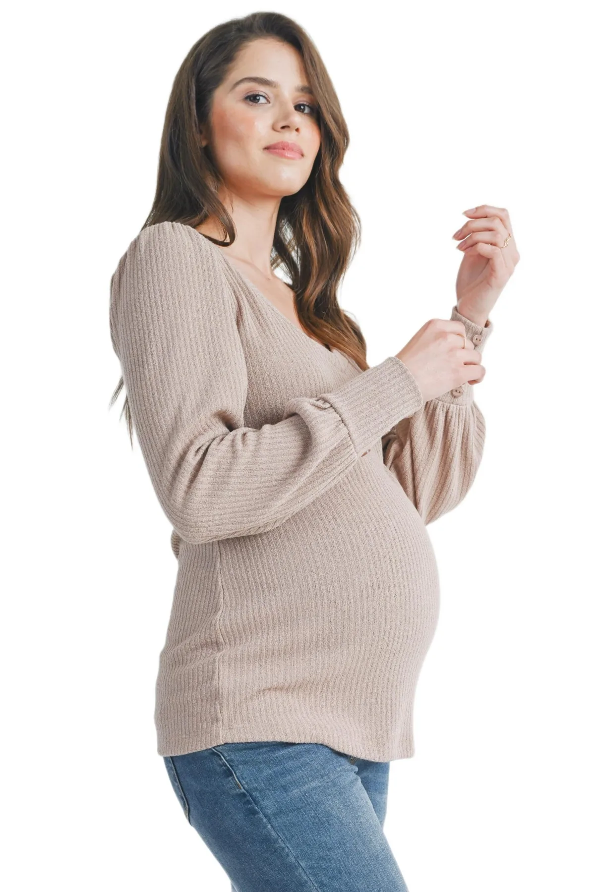 Maternity Long Sleeve Ribbed V Neck Top by Hello Miz