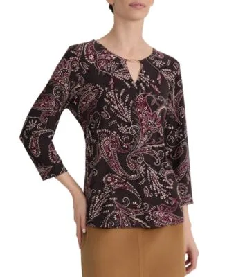 Paisley Print 3/4 Sleeve Keyhole Neck Blouse by Jones New York