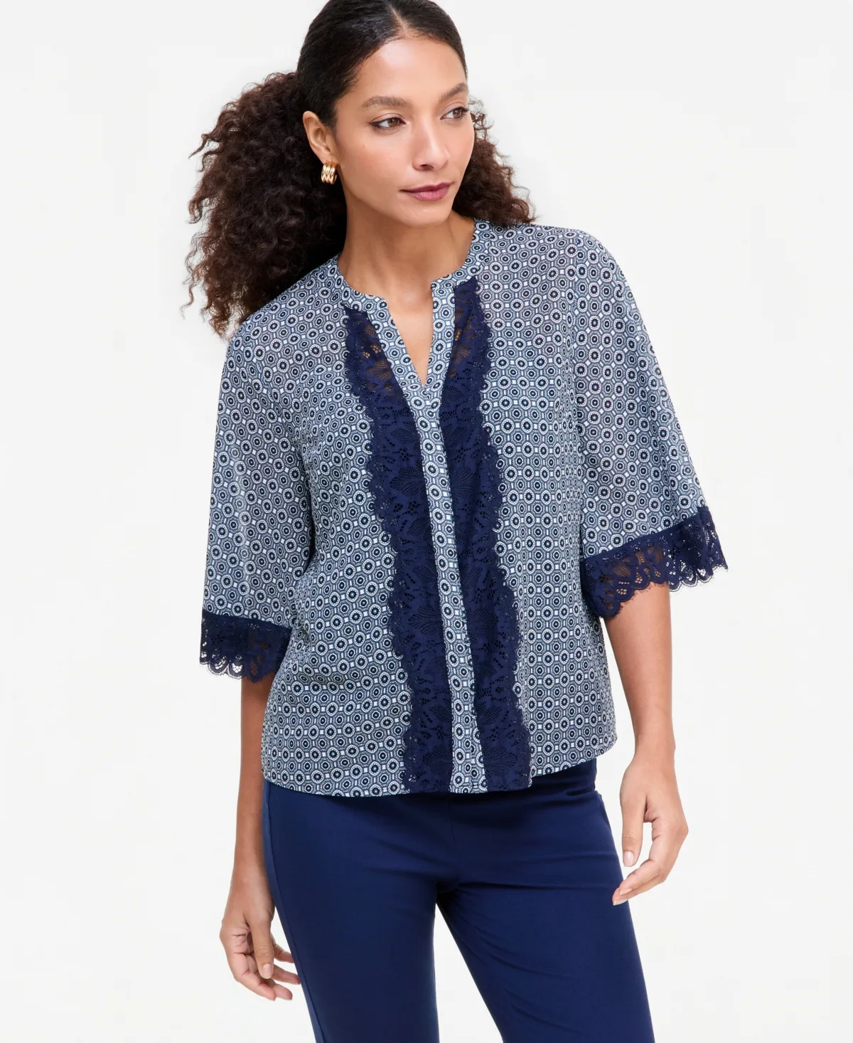 Print Lace-Trim Button-Front Blouse