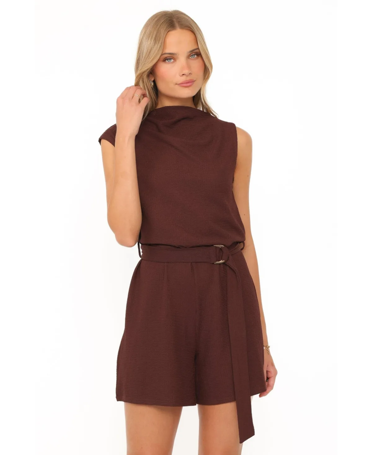 Zaia Belted One-Shoulder Short Cap Sleeve Romper by Petal and Pup