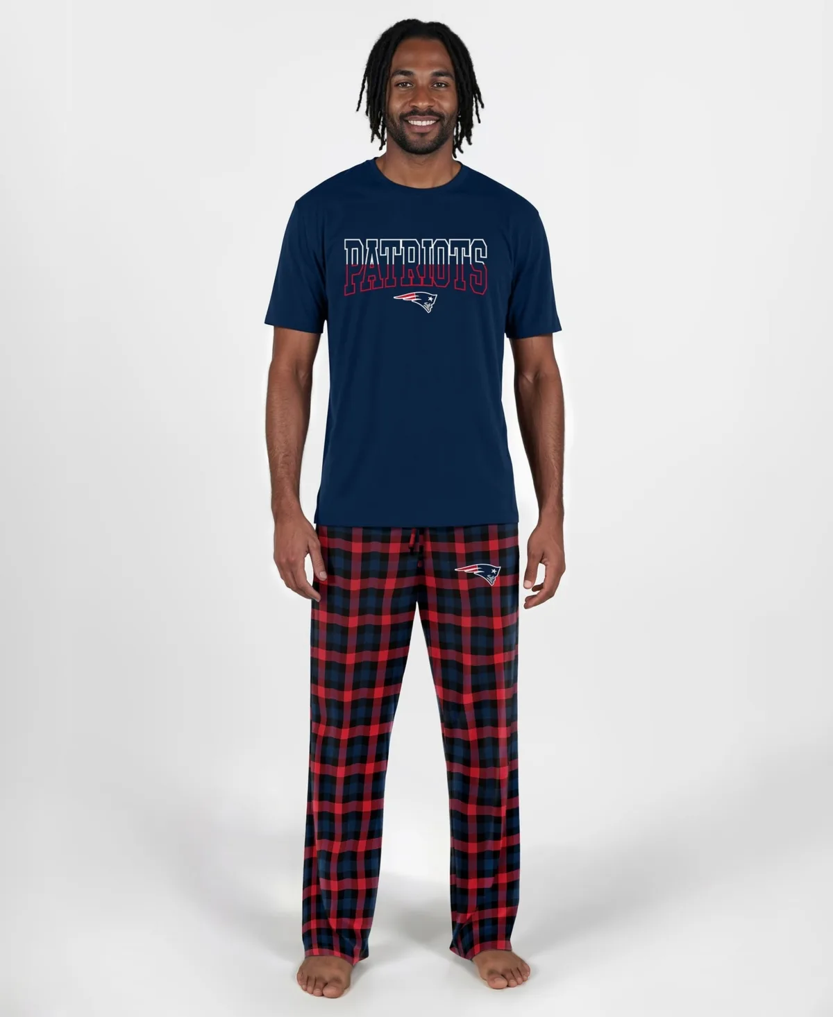 New England Patriots Highland Plaid Crew Neck T-Shirt and Pants, 2-Piece Set by Concepts Sport