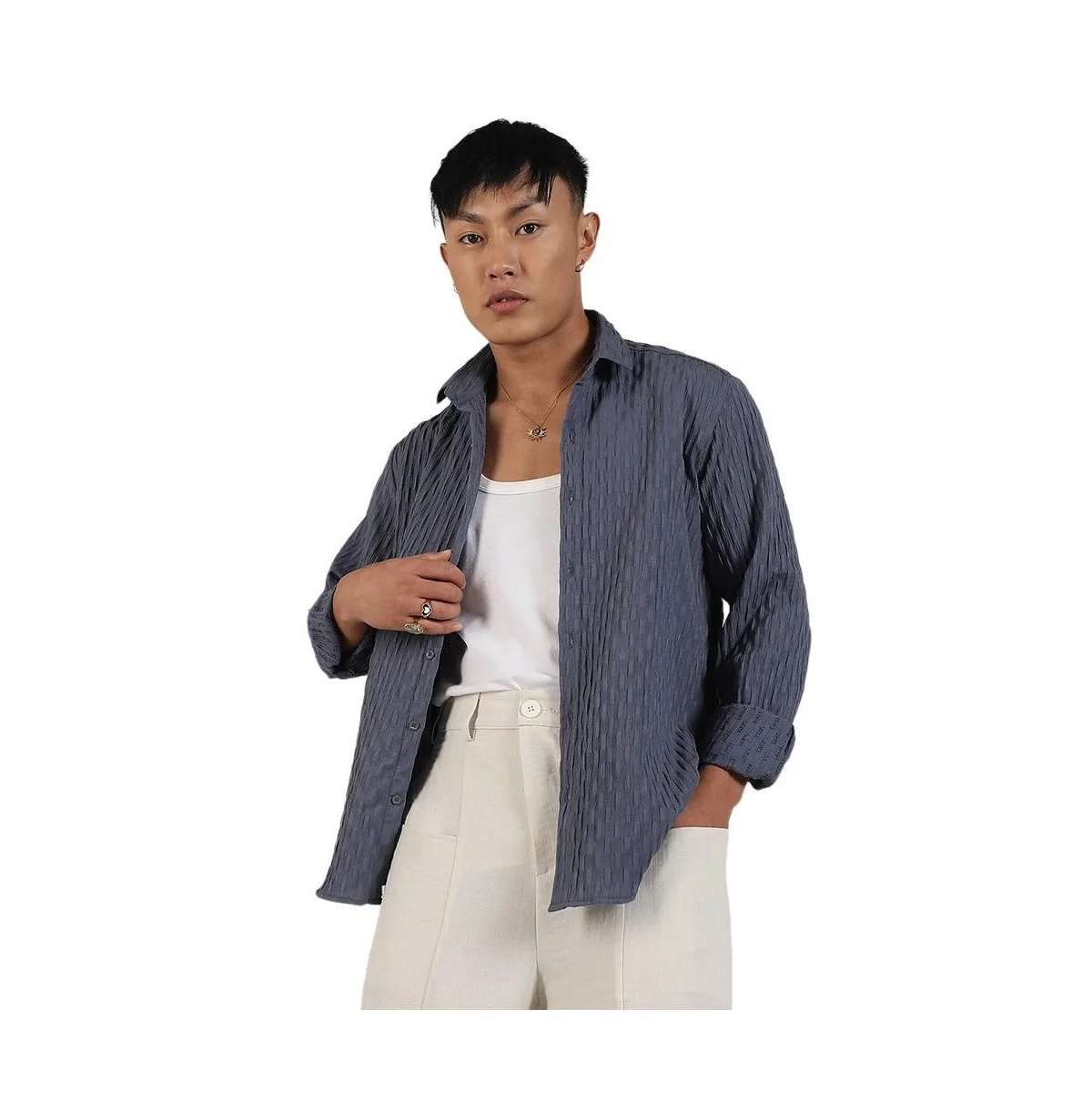 Prussian Blue Crinkled-Weave Shirt by Campus Sutra