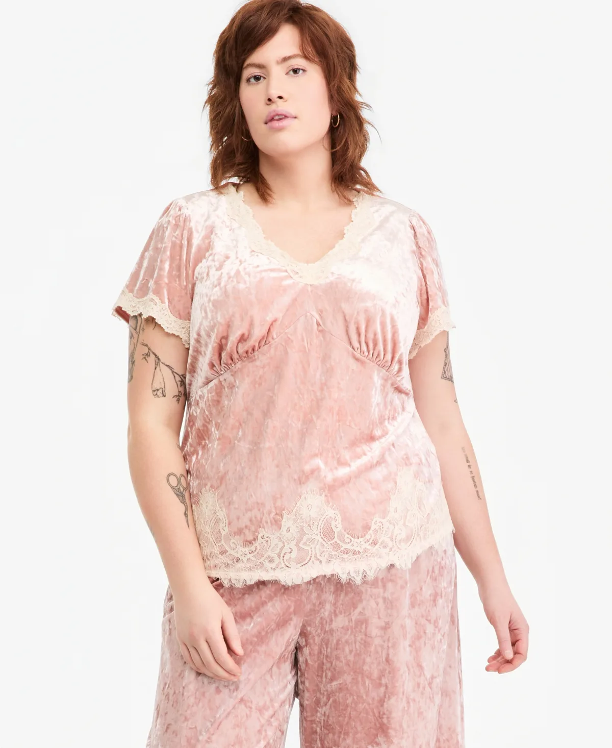 Velvet Lace-Trim V-Neck Blouse