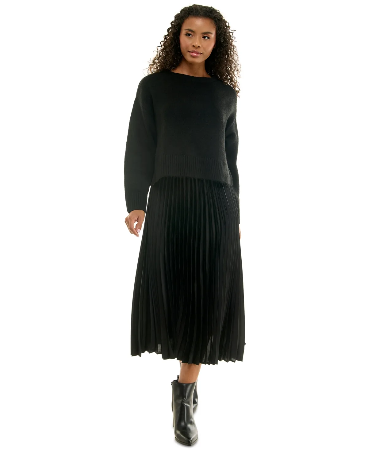Pleated-Satin Midi Crewneck Sweater and Slip Dress, 2-Piece Set