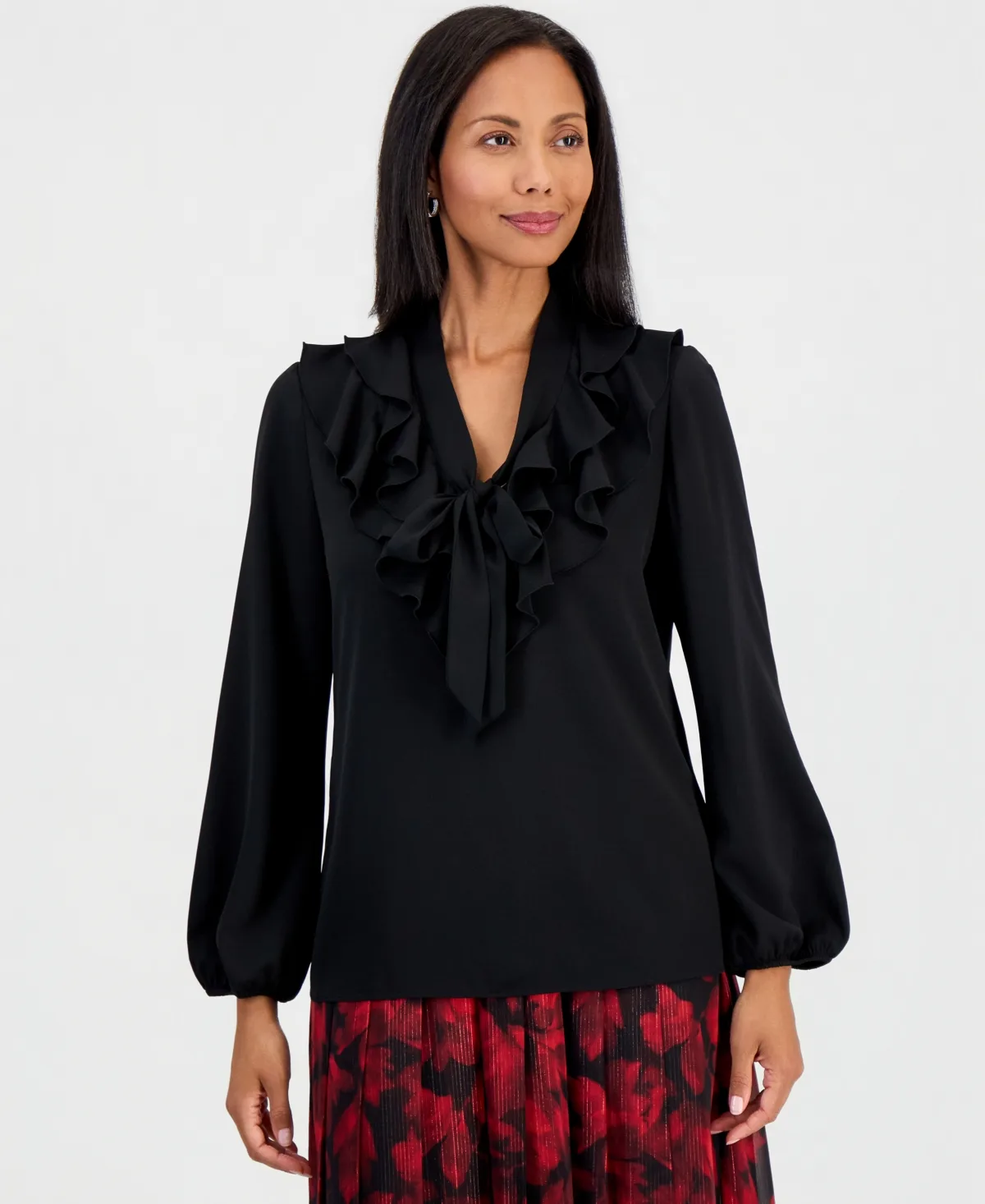 Solid Georgette Ruffle-Neck Blouse by Kasper