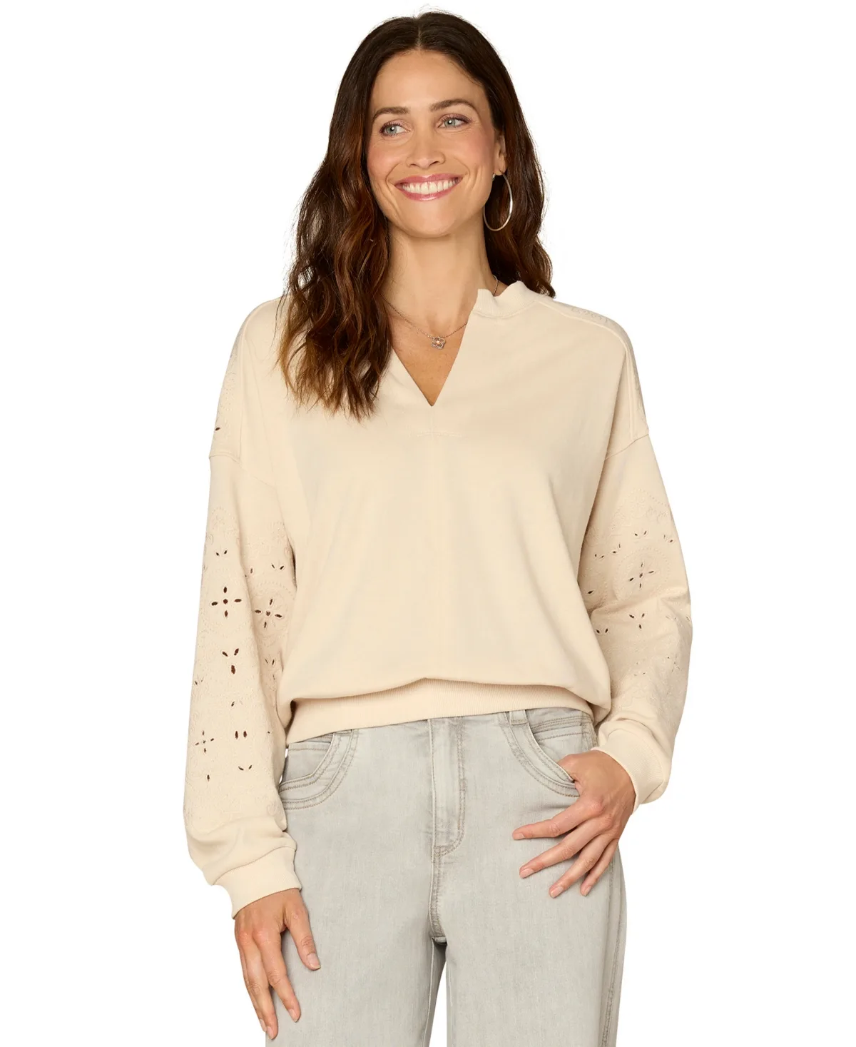 Embroidered Relaxed-Fit Notch Neck Sweatshirt by Democracy