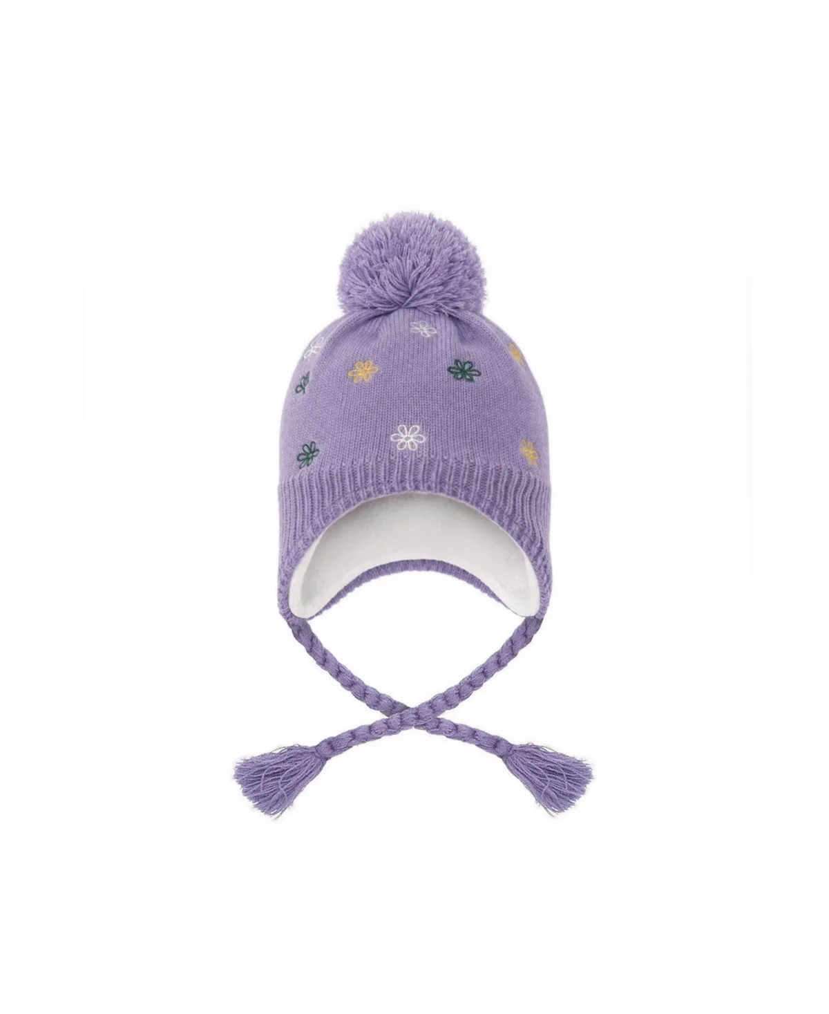 Pompom Peruvian-Knit Embroidered Flowers Beanie by Deux Par Deux