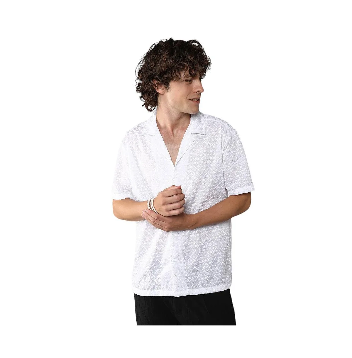 Chalk White Embroidered Circular Shirt by Campus Sutra