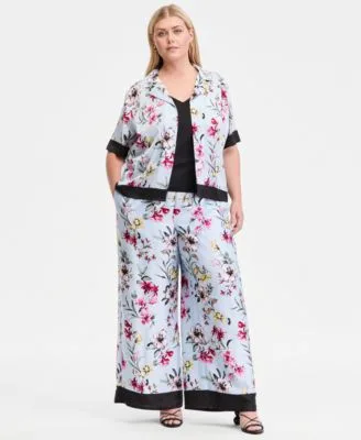 Printed Short Sleeve Button Front Shirt Printed Wide Leg Pull on Pants by INC International Concepts