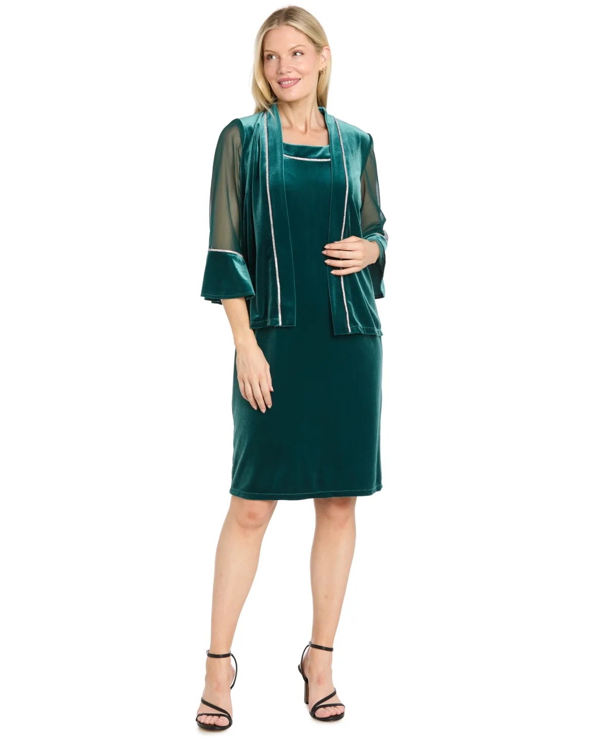 Velvet Bead-Trim Removable-Jacket Dress and Jacket, 2-Piece Set by R&M Richards