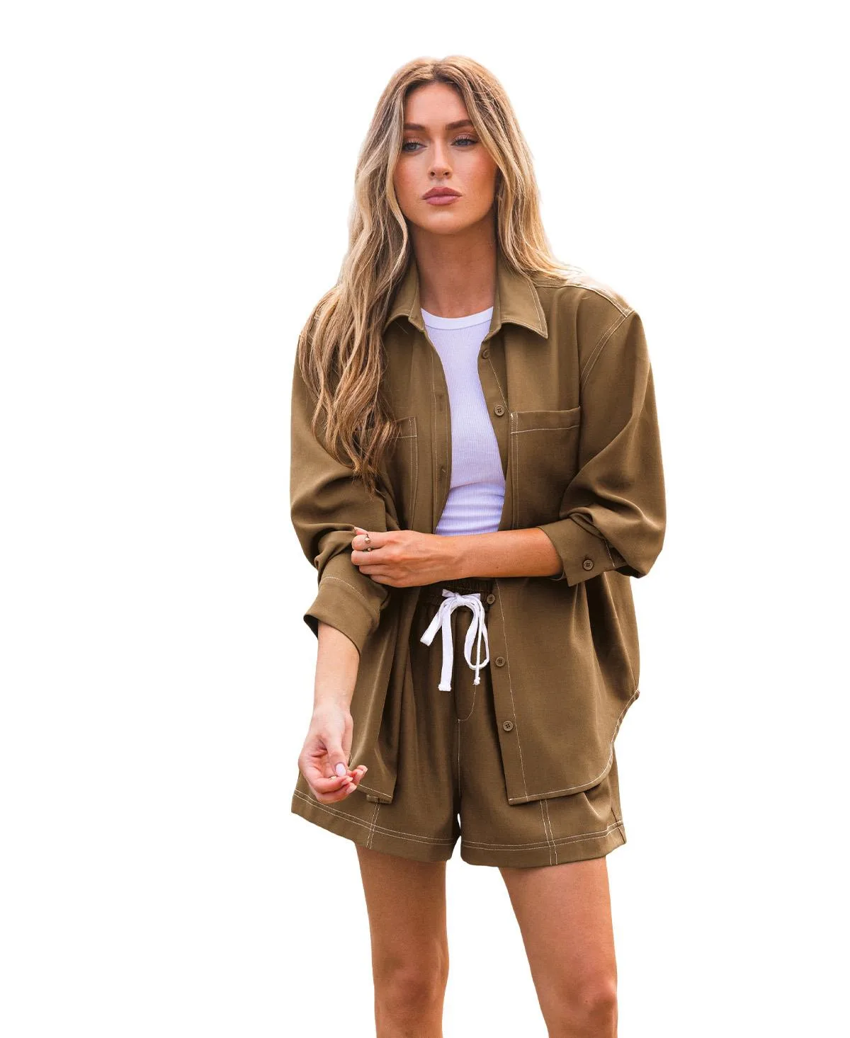 Collared Long-Sleeve Relaxed-Fit Shirt and Shorts, 2-Piece Set by Cupshe