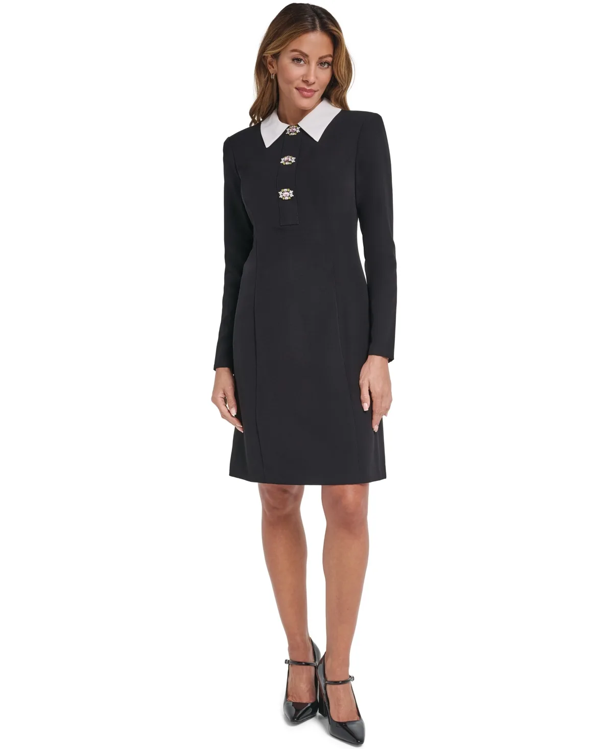 Long-Sleeve Collared Embellished Shift Dress by Eliza J