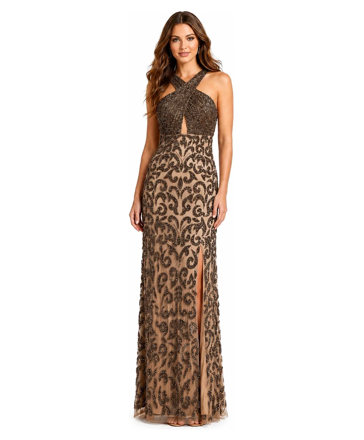 Beaded Halter Front-Slit Dress