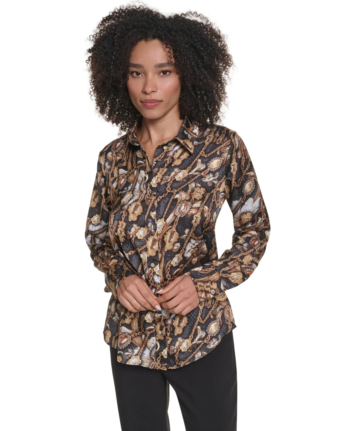 KL623 Satin Long-Sleeve Point-Collar Blouse by Karl Lagerfeld