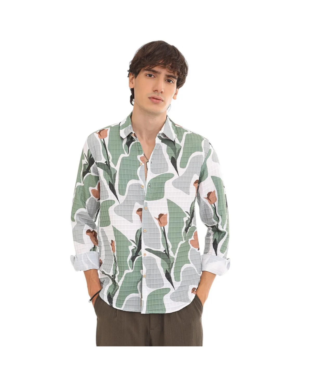 Pistachio Green & Ash Grey Abstract Tulip Shirt by Campus Sutra