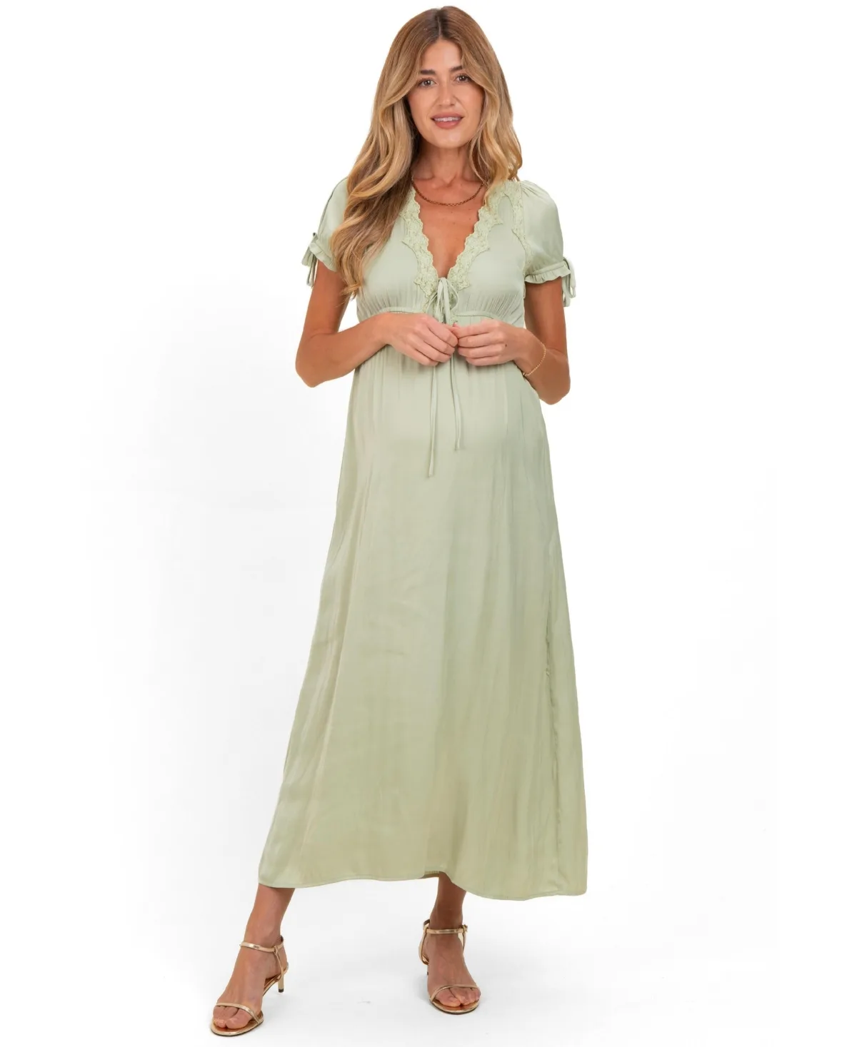 Maternity Satin Lace Detail V-Neck Short-Sleeve Maxi Dress by PinkBlush