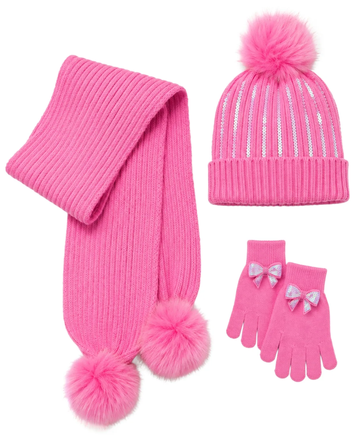 Bow Sequin Cold-Weather Pom-Pom Hat, Scarf, and Gloves, 3-Piece Set by Rainbow