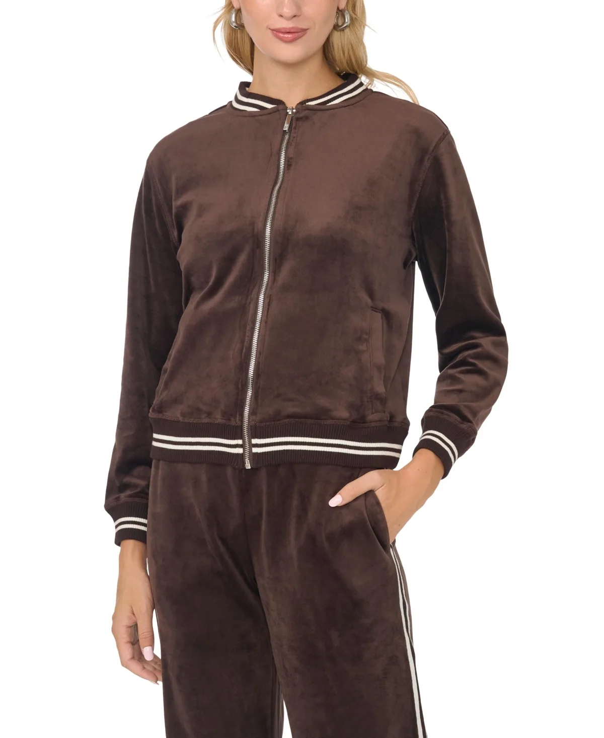 Bomber Stripe-Trim Velvet Jacket by Vince Camuto