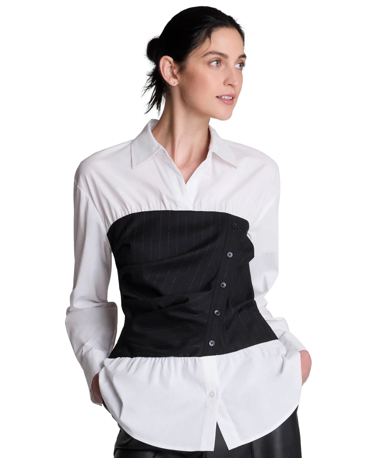 Long-Sleeve Point-Collar Corset Camisole Top by Kenneth Cole