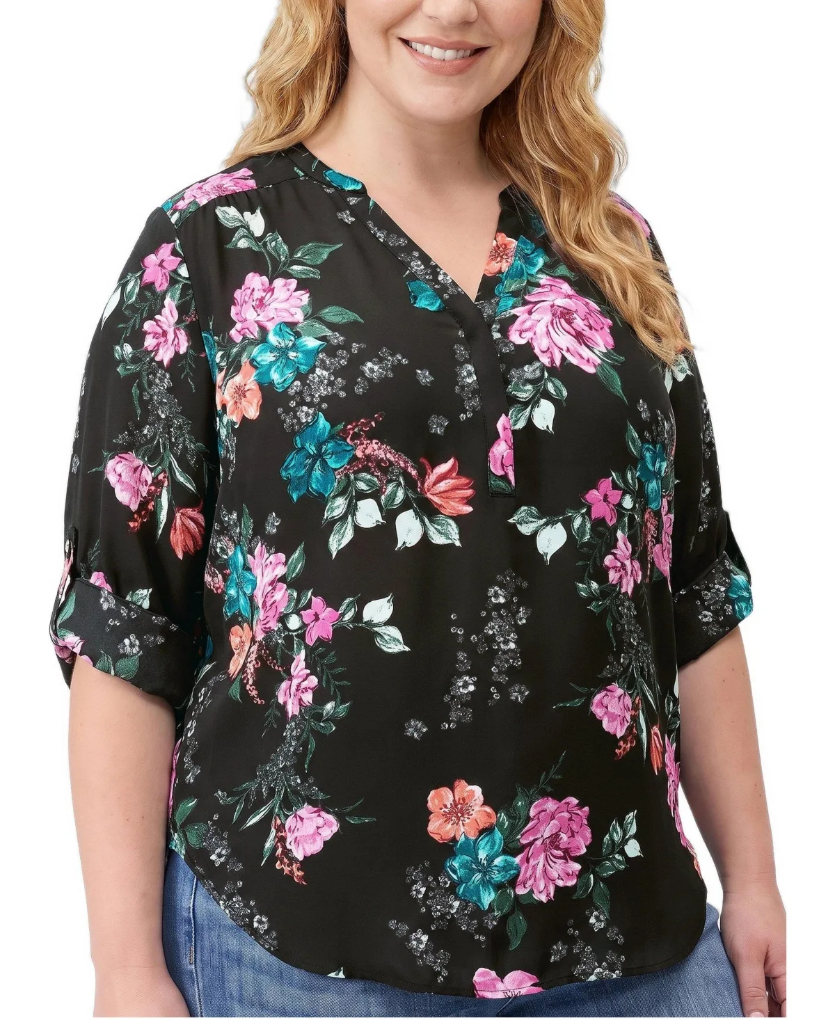 Harper Floral 3/4 Roll-Tab Sleeve Blouse by Torrid